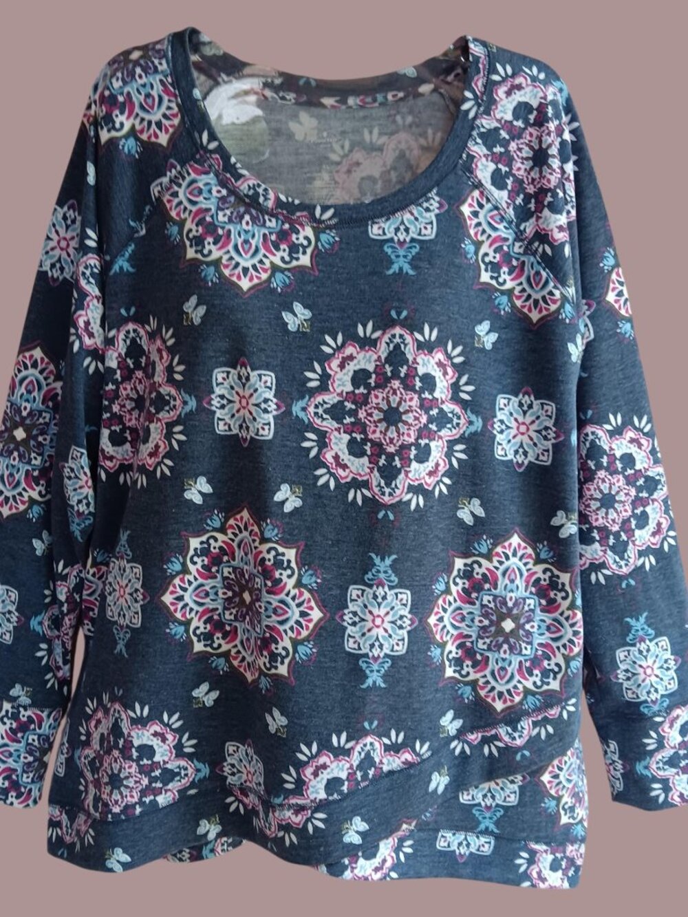 St. John's Bay Womens Knit Top Pullover Long Sleeves Gray Floral Print Size XL